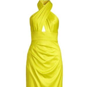 Liv Foster  Draped Satin Cutout Halterneck Gown in Green/Chartreuse/Lime